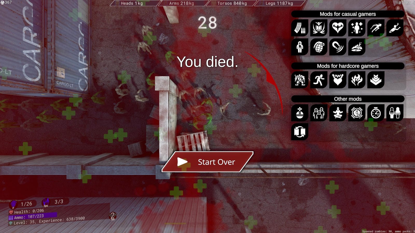 Death Screen with Mods Panel zombie shooter